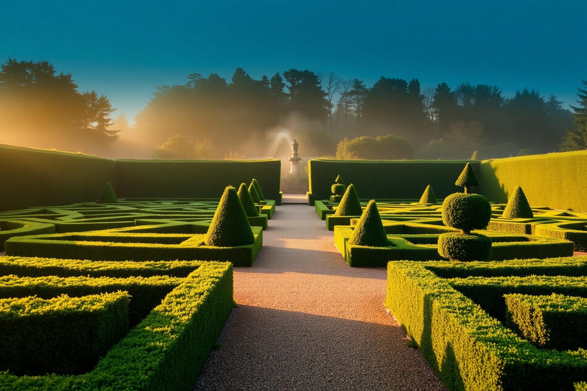 Formal topiary garden at dawn